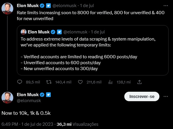 Elon Musk anuncia novo limite de visualização do Twitter (Foto: Reprodução / Twitter)