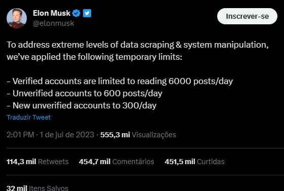 Elon Musk anuncia novo limite de visualização do Twitter (Foto: Reprodução / Twitter)