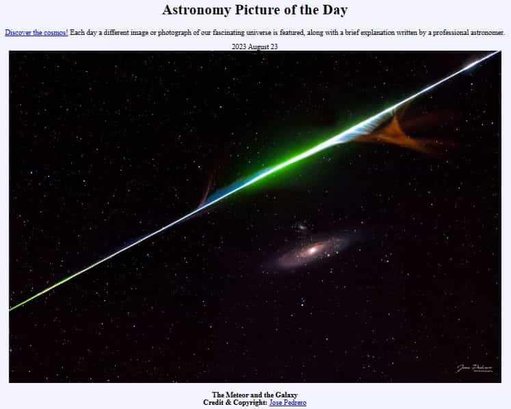 NASA exibe clique da trajetória de meteoro com galáxia ao fundo (Jose Pedrero // NASA - APOD)