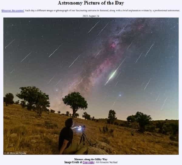 NASA destaca foto incrível de chuva de meteoros Perseidas (Ali Hosseini Nezhad // NASA - APOD)