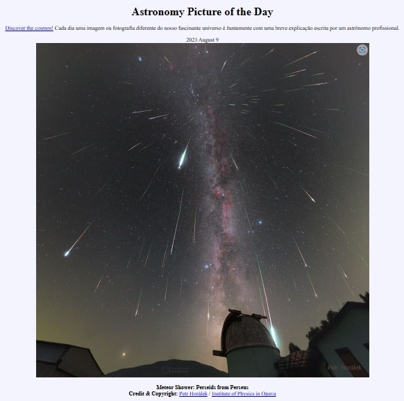 NASA destaca famosa chuva de meteoros (Petr Horálek / Institute of Physics in Opava)