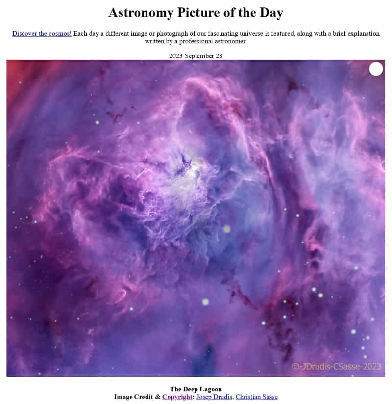 NASA destaca foto fascinante da Nebulosa da Lagoa (Josep Drudis, Christian Sasse // NASA - APOD)