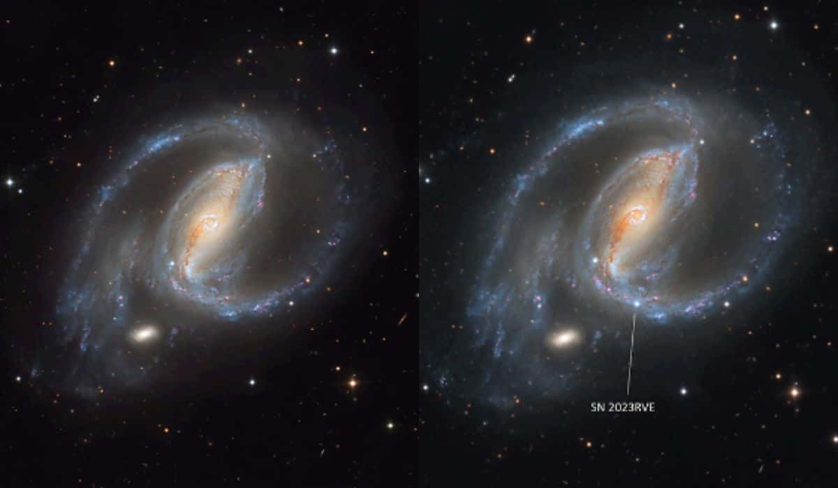 La NASA met en avant la supernova récemment découverte dans la galaxie spirale NGC 1097 (Telescope Live (Chili); Traitement de l'image et droits d'auteur : Bernard Miller)