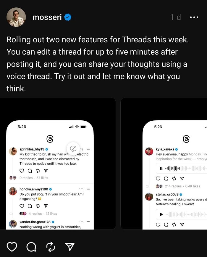 Threads gains the feature of editing and audio publishing