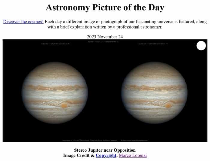 NASA destaca beleza e esplendor de Júpiter em 'foto do dia' (Marco Lorenzi // NASA - APOD)