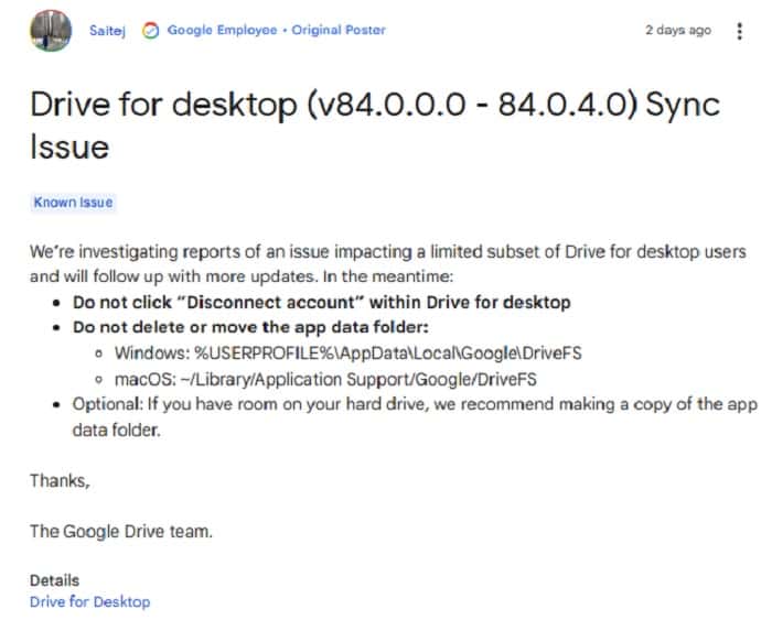 Google Investigates Disappearance of User Files on Google Drive (Google)