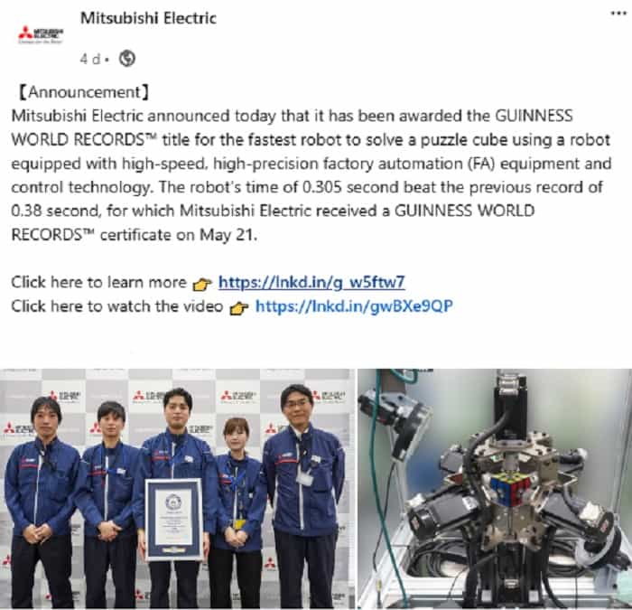 Robô da Mitsubishi resolve cubo mágico em fração de segundos e estabelece novo recorde mundial (LinkedIn / Mitsubishi Electric)