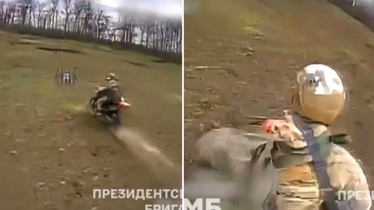Vídeo mostra drones ucranianos destruindo grupo de motociclistas russos em Donetsk. Telegram @wild_hornets