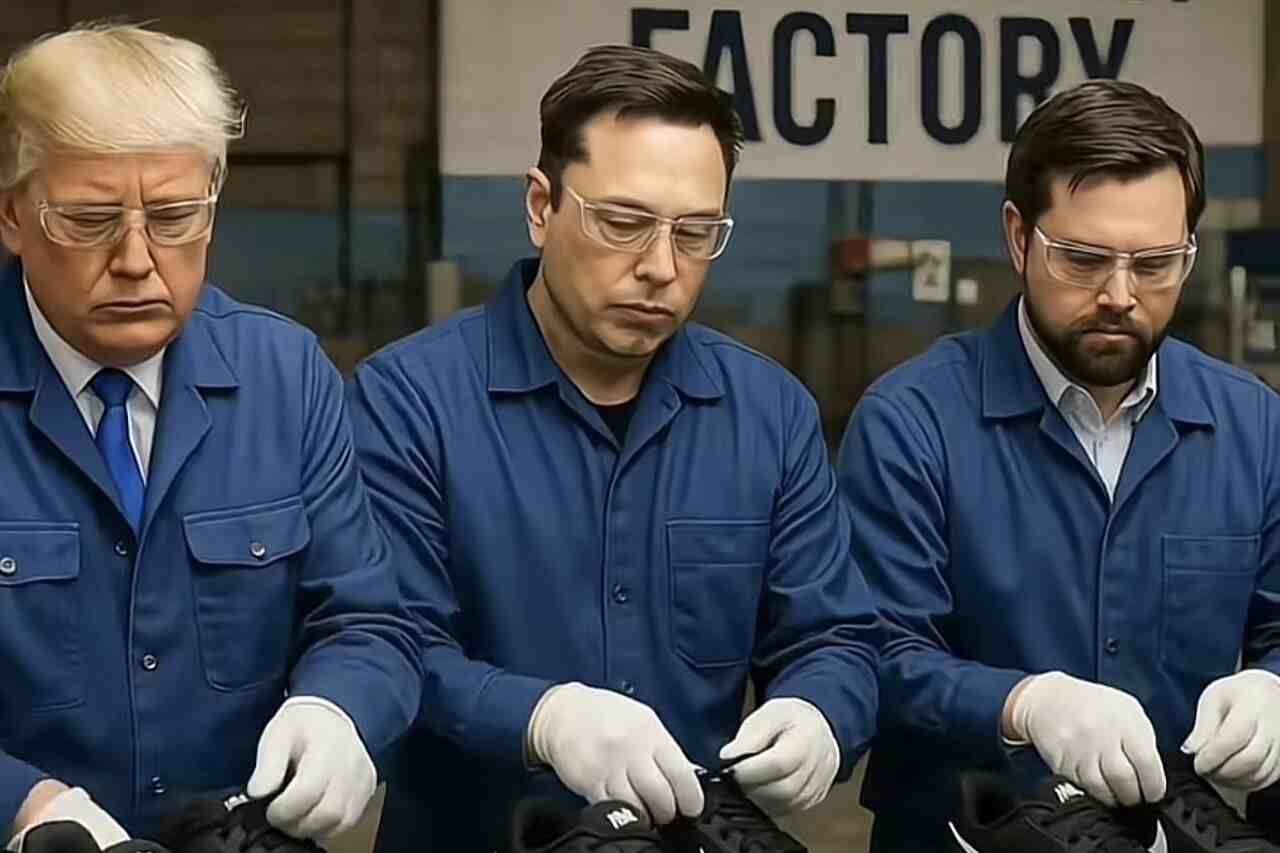 Meme gerado por IA de Elon Musk e Donald Trump trabalhando em fábrica na China viraliza após tarifaço