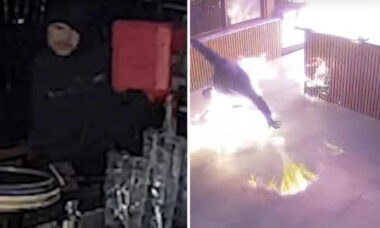 Criminoso decide provocar incêndio em restaurante, acaba em chamas e vídeo viraliza