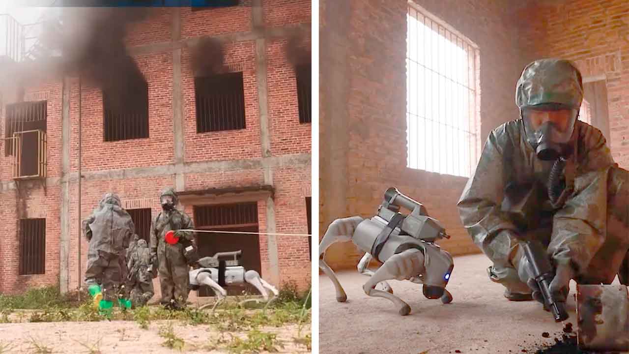Cães-robôs do Exército Chinês participam de exercício de contaminação por radiação. Telegram @china3army
