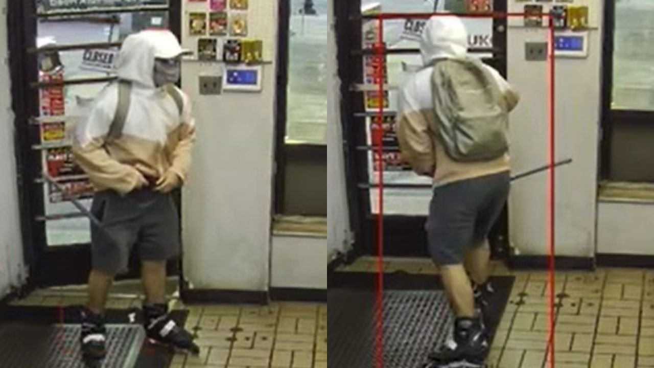 Bilder på en beväpnad skridskoåkare blir virala efter att han flytt från platsen på rullskridskor