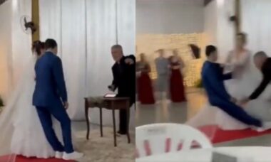 Noivo brasileiro desmaia após ver a noiva altar e vídeo viraliza