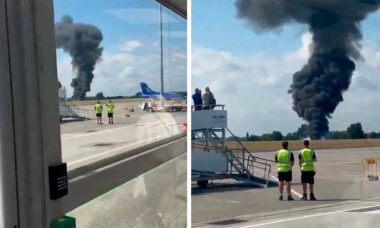 Avião de evacuação médica cai após decolagem e gera bola de fogo em Southend. X @OsiOsint1