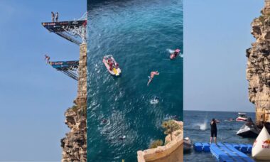 Saltadora escorrega de plataforma e cai de 22 metros de altura em vídeo assustador